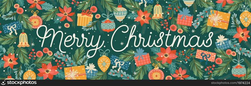 Christmas and Happy New Year banner with Christmas decorations. Trendy retro style. Vector design template.. Christmas and Happy New Year banner with Christmas decorations.