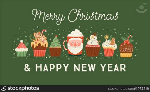 Christmas and Happy New Year banner with christmas sweet and drink. Trendy retro style. Vector design template.. Christmas and Happy New Year banner with christmas sweet and drink.