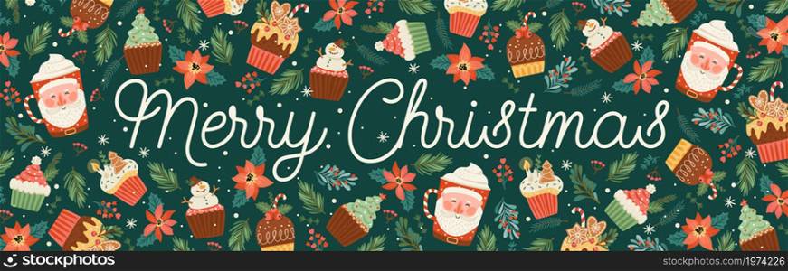 Christmas and Happy New Year banner with christmas sweet and drink. Trendy retro style. Vector design template.. Christmas and Happy New Year banner with christmas sweet and drink.