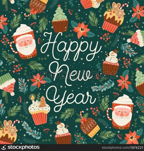 Christmas and Happy New Year card with christmas sweet and drink. Trendy retro style. Vector design template.. Christmas and Happy New Year card with christmas sweet and drink. Vector design templat