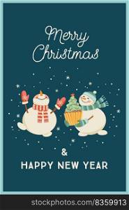 Christmas and Happy New Year card with snowmen. Trendy retro style. Vector design template.. Christmas and Happy New Year card with snowmen. Trendy retro style. Vector design.