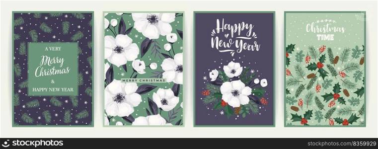 Christmas and Happy New Year cards with Christmas tree and white flowers. Vector design template.. Christmas and Happy New Year cards with Christmas tree and white flowers. Vector design.