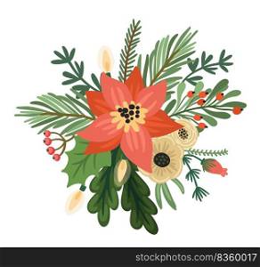 Christmas and Happy New Year flower arrangement. Christmas tree, flowers, berries. Isolated illustration. Element design.. Christmas and Happy New Year flower arrangement. Christmas tree, flowers, berries. Isolated illustration.