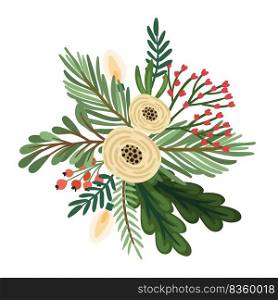 Christmas and Happy New Year flower arrangement. Christmas tree, flowers, berries. Isolated illustration. Element design.. Christmas and Happy New Year flower arrangement. Christmas tree, flowers, berries. Isolated illustration.