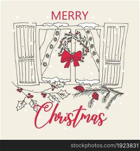 Christmas and Happy New Year greeting card with hand drawn decorative elements. Hand drawn christmas card, great design for any purposes. Vector illustration hand drawing doodle style. . Christmas and Happy New Year greeting card