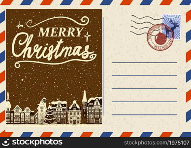 Christmas and Happy New Year greeting holiday postcard, old winter city xmas vintage background. Vector illustration invitation card retro isolated. Christmas and Happy New Year greeting holiday postcard, old winter city xmas vintage background. Vector illustration invitation card retro