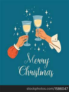 Christmas and Happy New Year illustration of male and female hands with champagne glasses. Trendy retro style. Vector design template.. Christmas and Happy New Year illustration of male and female hands with champagne glasses.