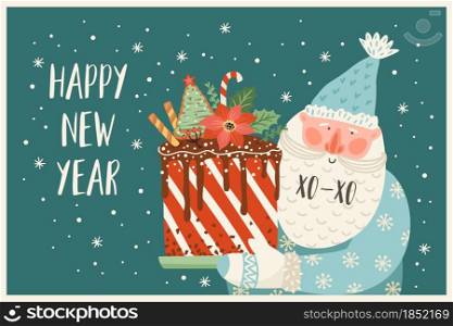 Christmas and Happy New Year illustration of Santa with cake. Trendy retro style. Vector design template.. Christmas and Happy New Year illustration of Santa with cake.