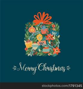 Christmas and Happy New Year illustration with Christmas box. Trendy retro style. Vector design template.. Christmas and Happy New Year illustration with Christmas box. Vector design template.