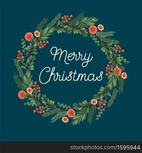 Christmas and Happy New Year illustration with Christmas wreath. Trendy retro style. Vector design template.. Christmas and Happy New Year illustration with Christmas wreath. Vector design template.