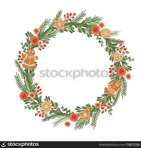 Christmas and Happy New Year illustration with Christmas wreath. Vector design template.. Christmas and Happy New Year illustration with Christmas wreath.