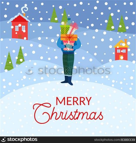 Christmas and Happy New Year illustrations. Trendy retro style. Man with gifts on winter landscape. Christmas and Happy New Year illustrations. Trendy retro style.