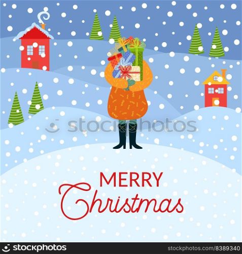 Christmas and Happy New Year illustrations. Trendy retro style. Man with gifts on winter landscape. Christmas and Happy New Year illustrations. Trendy retro style.