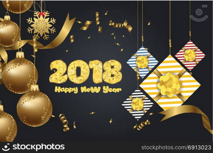 Christmas and happy new year luxury design with festive objects on red background. Calligraphy inscription Merry Christmas