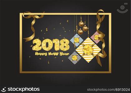 Christmas and happy new year luxury design with festive objects on red background. Calligraphy inscription Merry Christmas