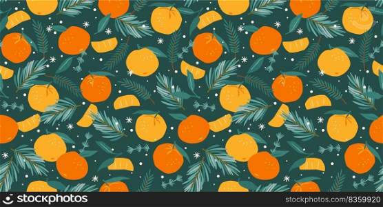 Christmas and Happy New Year seamless pattern. Christmas tree and tangerines. New Year symbols. Vector design template.. Christmas and Happy New Year seamless pattern. Christmas tree and tangerines. New Year symbols. Vector design