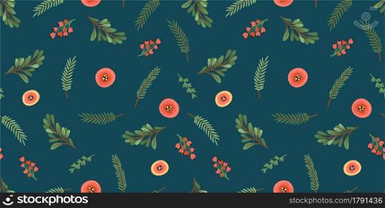 Christmas and Happy New Year seamless pattern. Christmas tree, flowers, berries. New Year symbols.Trendy retro style. Vector design template.. Christmas and Happy New Year seamless pattern. Christmas tree, flowers, berries. New Year symbols.