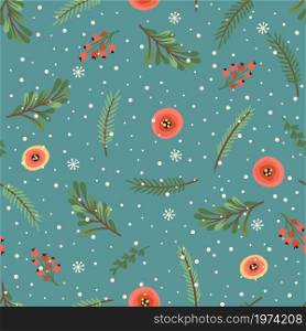 Christmas and Happy New Year seamless pattern. Christmas tree, flowers, berries. New Year symbols.Trendy retro style. Vector design template.. Christmas and Happy New Year seamless pattern. Christmas tree, flowers, berries. New Year symbols.Vector design template.