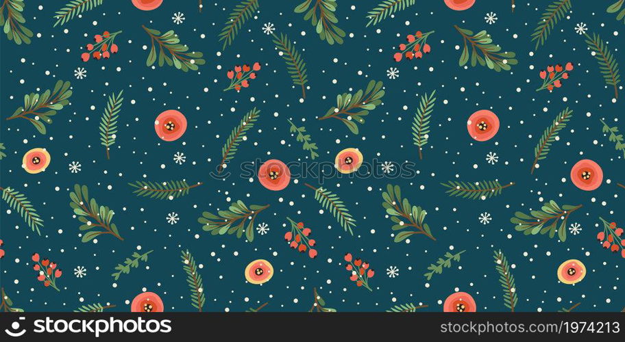 Christmas and Happy New Year seamless pattern. Christmas tree, flowers, berries. New Year symbols.Trendy retro style. Vector design template.. Christmas and Happy New Year seamless pattern. Christmas tree, flowers, berries.