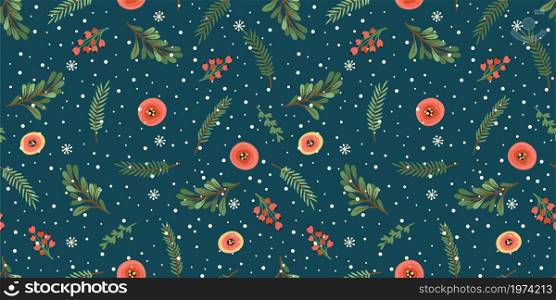 Christmas and Happy New Year seamless pattern. Christmas tree, flowers, berries. New Year symbols.Trendy retro style. Vector design template.. Christmas and Happy New Year seamless pattern. Christmas tree, flowers, berries.