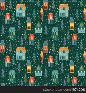 Christmas and Happy New Year seamless pattern. City, houses, Christmas trees, snow. New Year symbols.Trendy retro style. Vector design template.. Christmas and Happy New Year seamless pattern. City, houses, Christmas trees, snow.