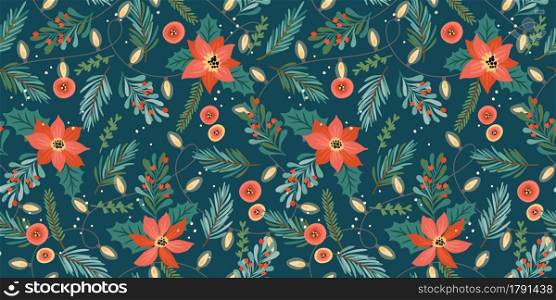 Christmas and Happy New Year seamless pattern. Garlands, christmas tree, light bulbs, flowers, berries. New Year symbols.Trendy retro style. Vector design template.. Christmas and Happy New Year seamless pattern. Garlands, christmas tree, light bulbs, flowers, berries. New Year symbols.