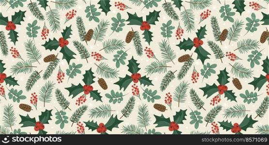Christmas and Happy New Year seamless pattern. Spruce branches, leaves, berries, snowflakes. New Year symbols.Trendy retro style. Vector design template.. Christmas and Happy New Year seamless pattern. Spruce branches, leaves, berries, snowflakes. New Year symbols.Trendy retro style. Vector design.