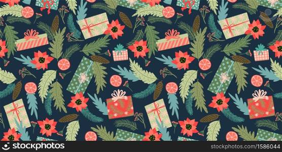 Christmas and Happy New Year seamless pattern. Trendy retro style. Vector design template.. Christmas and Happy New Year seamless pattern. Vector design template.