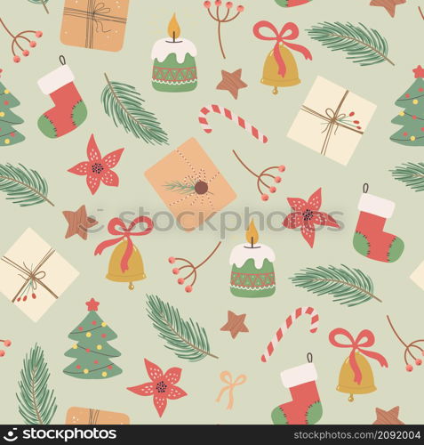 Christmas and Happy New Year seamless pattern with Christmas gift boxes, fir branches and berries. Vector design template. Digital paper.. Christmas and Happy New Year seamless pattern with Christmas gift boxes, fir branches and berries. Vector design template.