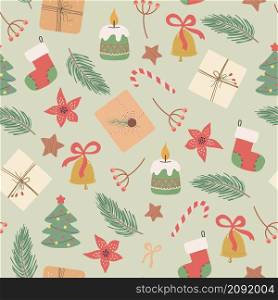 Christmas and Happy New Year seamless pattern with Christmas gift boxes, fir branches and berries. Vector design template. Digital paper.. Christmas and Happy New Year seamless pattern with Christmas gift boxes, fir branches and berries. Vector design template.