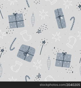 Christmas and Happy New Year seamless pattern with Christmas gift boxes, stars and Christmas tree toys. Vector design template. Digital paper.. Christmas and Happy New Year seamless pattern with Christmas gift boxes, stars and Christmas tree toys. Vector design template.