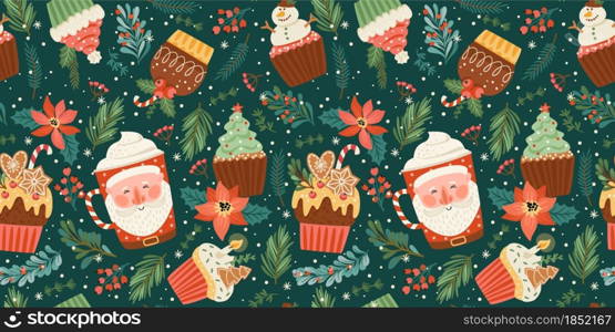 Christmas and Happy New Year seamless pattern with christmas sweet and drink. Vector design template.. Christmas and Happy New Year seamless pattern with christmas sweet and drink.
