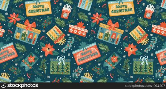Christmas and Happy New Year seamless pattern with gift boxes. Trendy retro style. Vector design template.. Christmas and Happy New Year seamless pattern with gift boxes. Vector design template.