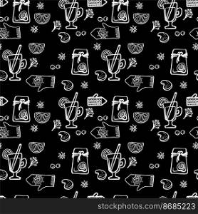 Christmas and Happy New Year seamless pattern with mulled wine, mittens, cinnamon, orange slices. Trendy retro style.. Christmas and Happy New Year seamless pattern with mulled wine, mittens, cinnamon, orange slices. Trendy retro style. White on black background.