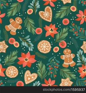 Christmas and Happy New Year seamless pattern with needles, flowers and gingerbread. Vector design template.