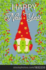 Christmas and Happy New Year templates. Trendy retro design template. Happy New Year lettering, christmas gnome. Christmas and Happy New Year templates. Trendy retro design template.