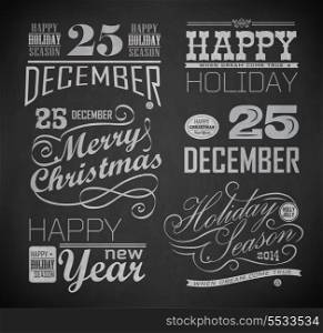 Christmas and Happy New Year typography, labels,calligraphic elements. Christmas decoration drawing with chalk on blackboard