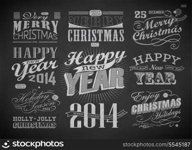 Christmas and Happy New Year typography, labels,calligraphic elements. Christmas decoration drawing with chalk on blackboard