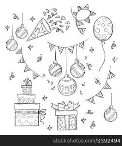 Christmas and holiday birthday. Festive collection doodles. Christmas balls, decor, balloons, gifts and garlands. Isolated vector linear hand drawings for design and decoration of holiday themes