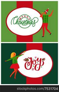Christmas and joy greetings from people vector. Party, coworkers dancing at corporate fest celebrating New Year holiday. Vector cartoon style characters. Christmas Joy Greetings from People Vector. Party
