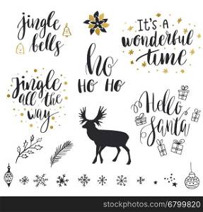 Christmas and New Year 2017 lettering and decorative elements collection. Vector illustration set for greeting cards, tags, posters, web and print. Deer, snowflakes, toys, bells and christmas quote sen.