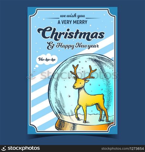 Christmas And New Year Advertise Banner Vector. Christmas Snow Globe With Deer Souvenir. Spherical Glass Xmas Present Sphere Template Designed In Vintage Style Colored Illustration. Christmas And New Year Advertise Banner Vector
