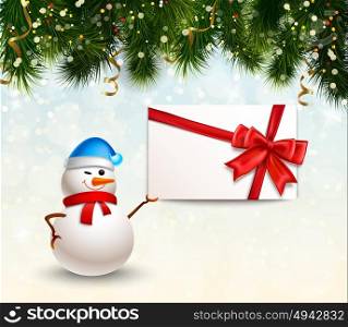 Christmas And New Year Background. Christmas and New Year background with snowman fir twigs ribbons and paper invitation card vector illustration