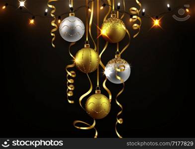 Christmas and New Year background design, decorative balls with shiny lights and confetti, vector illustration