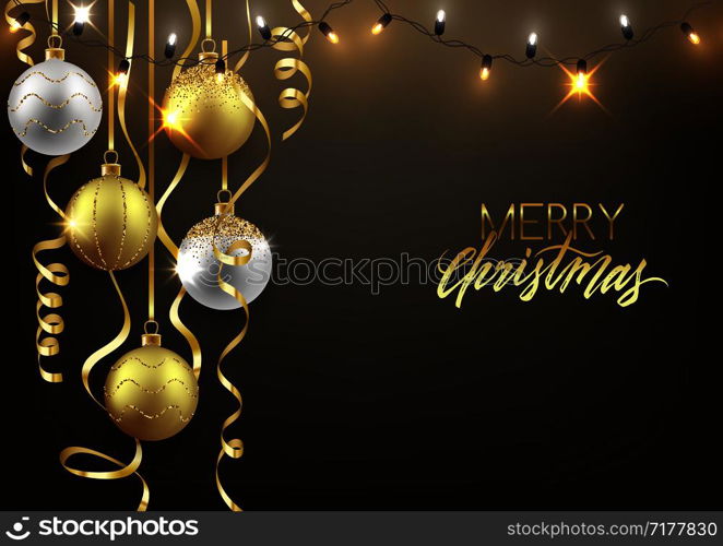 Christmas and New Year background design, decorative balls with shiny lights and confetti, vector illustration