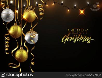 Christmas and New Year background design, decorative balls with shiny lights and confetti, vector illustration