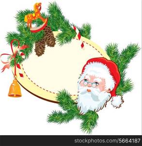 Christmas and New Year background - Santa Claus head, fir tree branches, pine cones and accessories - oval frame with empty space for text