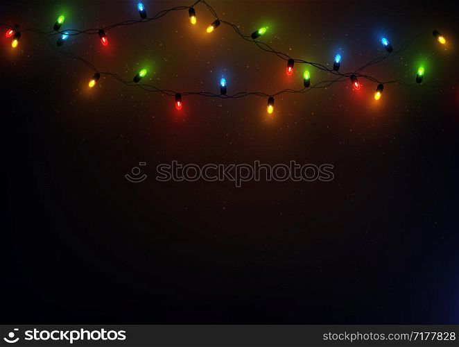 Christmas and New Year background with colorful led lights garland, vector illustration