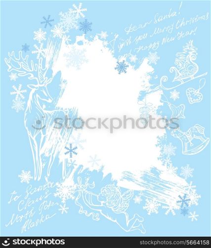 Christmas and New Year blue background with hand drawn illustrations
