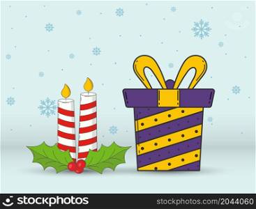 Christmas and New Year candles and a gift box for decorating postcards, greetings and creative design. Empty outline, flat style.